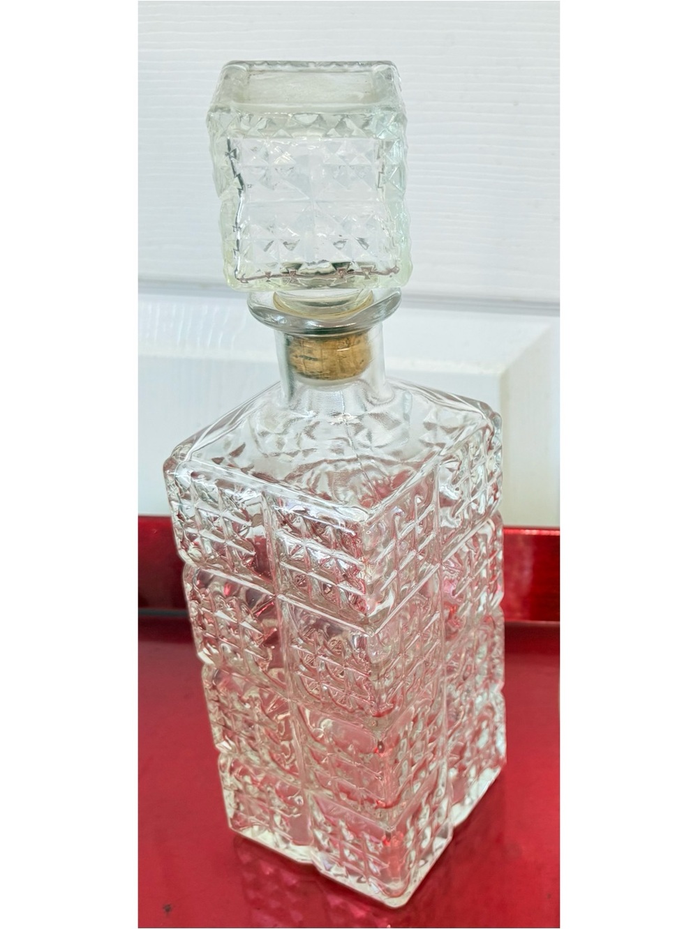 Vintage MCM Cut Glass Liquor Whiskey Decanter Original Cork Stopper 11”